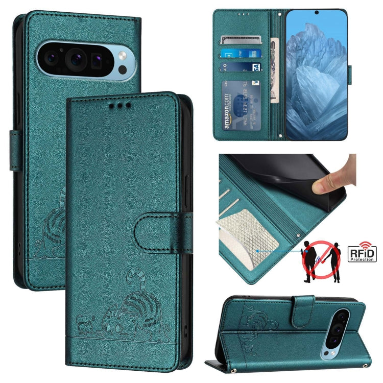 For Google Pixel 9 Pro XL Cat Rat Embossed Pattern RFID Leather Phone Case with Lanyard(Peacock Green) - Google Cases by PMC Jewellery | Online Shopping South Africa | PMC Jewellery | Buy Now Pay Later Mobicred