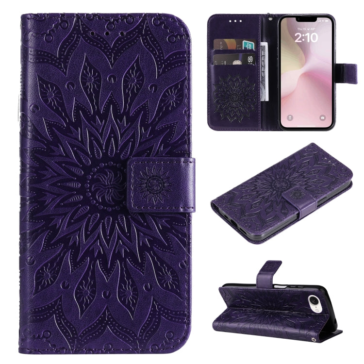 For iPhone SE 2024 Embossed Sunflower Pattern Flip Leather Phone Case(Purple) - More iPhone Cases by PMC Jewellery | Online Shopping South Africa | PMC Jewellery | Buy Now Pay Later Mobicred