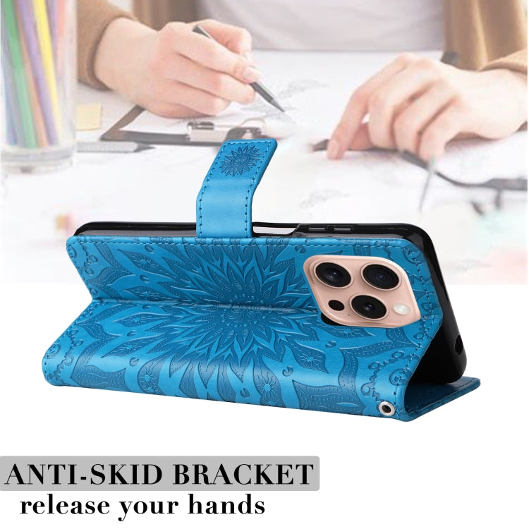 For iPhone 16 Pro Embossed Sunflower Pattern Flip Leather Phone Case(Blue) - iPhone 16 Pro Cases by PMC TechLife | Online Shopping South Africa | PMC TechLife | Buy Now Pay Later Mobicred