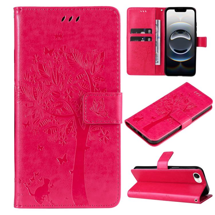 For iPhone 16e Tree & Cat Embossed Pattern Flip Leather Phone Case(Rose Red) - free shipping - PMC TechLife - Order now!
