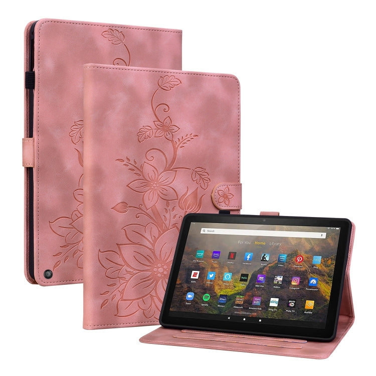 For Amazon Fire HD10 / HD10 Plus 2021 Lily Embossed Leather Smart Tablet Case(Pink) - Amazon by PMC TechLife | Online Shopping South Africa | PMC TechLife | Buy Now Pay Later Mobicred