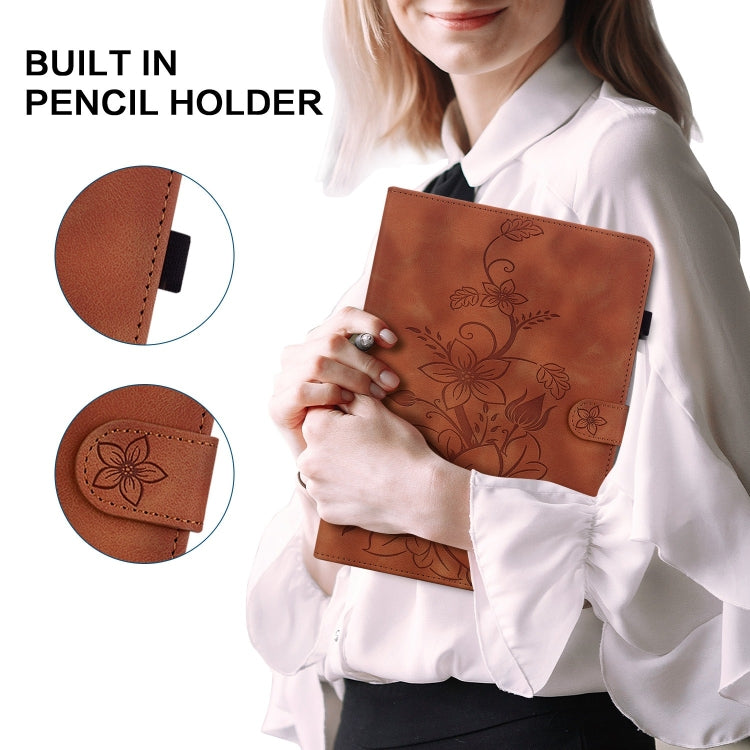 For Lenovo Tab M10 5G 2023 Lily Embossed Leather Tablet Case(Brown) - Lenovo by PMC TechLife | Online Shopping South Africa | PMC TechLife | Buy Now Pay Later Mobicred