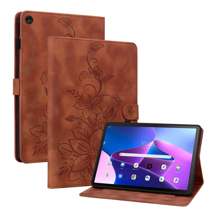 For Lenovo Tab M10 Plus 10.6 3rd Gen Lily Embossed Leather Tablet Case(Brown) - Lenovo by PMC TechLife | Online Shopping South Africa | PMC TechLife | Buy Now Pay Later Mobicred