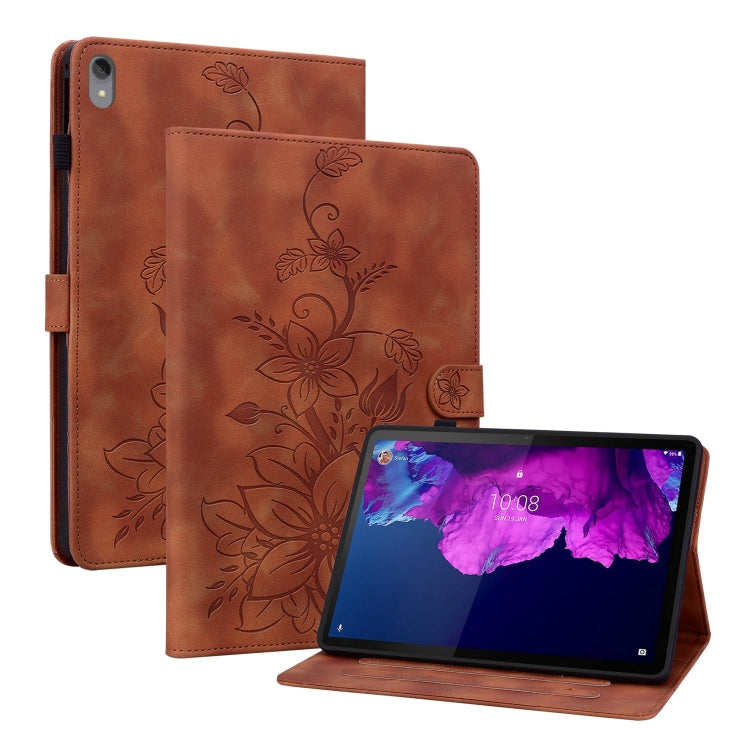 For Lenovo Tab P11 /Xiaoxin Pad Plus Lily Embossed Leather Tablet Case(Brown) - Lenovo by PMC TechLife | Online Shopping South Africa | PMC TechLife | Buy Now Pay Later Mobicred