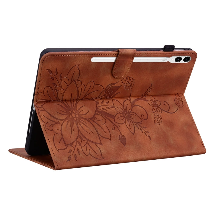 For Samsung Galaxy Tab S9+ / S9 FE+ Lily Embossed Leather Tablet Case(Brown) - Galaxy Tab S9+ Cases by PMC Jewellery | Online Shopping South Africa | PMC Jewellery | Buy Now Pay Later Mobicred