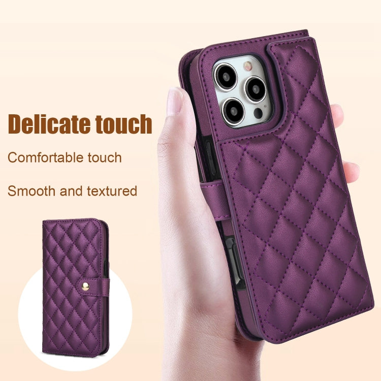 For iPhone 16 Pro Max Crossbody Multifunction Rhombic Leather Phone Case(Dark Purple) - iPhone 16 Pro Max Cases by PMC Jewellery | Online Shopping South Africa | PMC Jewellery | Buy Now Pay Later Mobicred