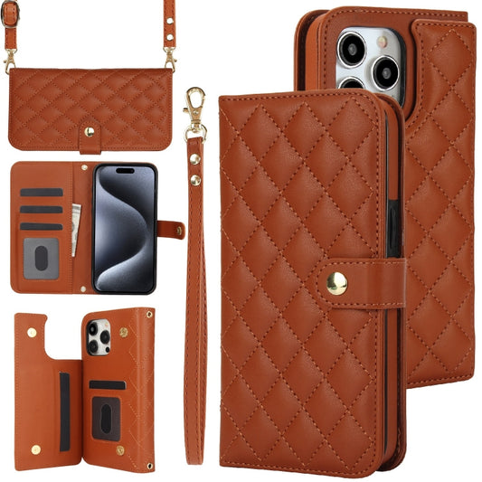 For iPhone 16 Pro Max Crossbody Multifunction Rhombic Leather Phone Case(Brown) - iPhone 16 Pro Max Cases by PMC Jewellery | Online Shopping South Africa | PMC Jewellery | Buy Now Pay Later Mobicred