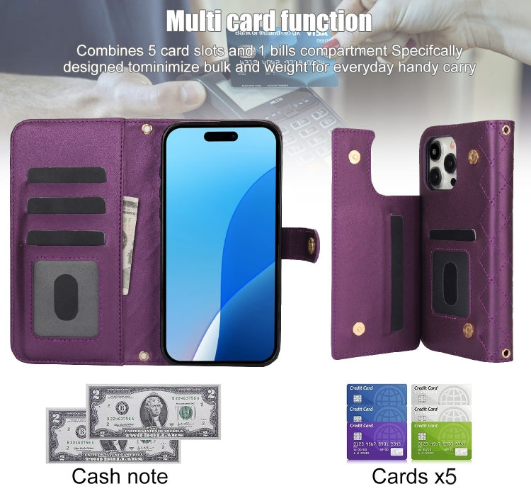 For iPhone 16 Pro Crossbody Multifunction Rhombic Leather Phone Case(Dark Purple) - More iPhone Cases by PMC Jewellery | Online Shopping South Africa | PMC Jewellery | Buy Now Pay Later Mobicred