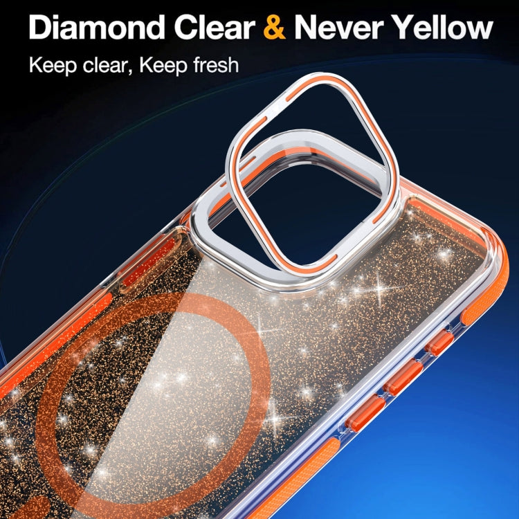 For iPhone 16 Pro Max Two-color Glitter Powder Lens Holder Magsafe Phone Case(Orange) - iPhone 16 Pro Max Cases by PMC Jewellery | Online Shopping South Africa | PMC Jewellery | Buy Now Pay Later Mobicred