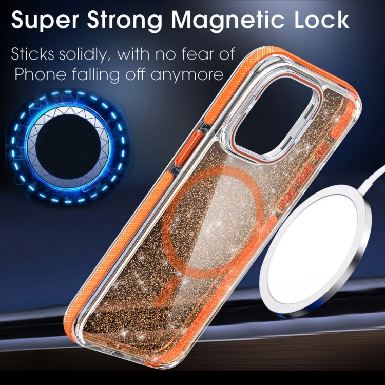 For iPhone 16 Pro Max Two-color Glitter Powder Lens Holder Magsafe Phone Case(Orange) - iPhone 16 Pro Max Cases by PMC Jewellery | Online Shopping South Africa | PMC Jewellery | Buy Now Pay Later Mobicred