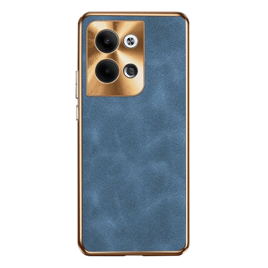 For OPPO Reno9 Electroplating Lambskin Leather Phone Case(Blue) - OPPO Cases by PMC Jewellery | Online Shopping South Africa | PMC Jewellery | Buy Now Pay Later Mobicred