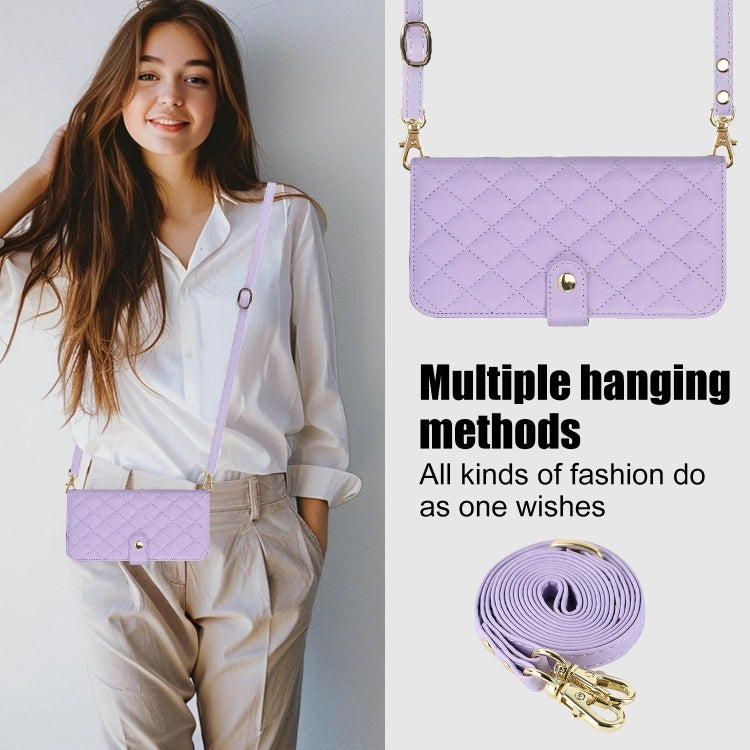 For Google Pixel 6a Crossbody Multifunction Rhombic Leather Phone Case(Purple) - Google Cases by PMC TechLife | Online Shopping South Africa | PMC TechLife | Buy Now Pay Later Mobicred