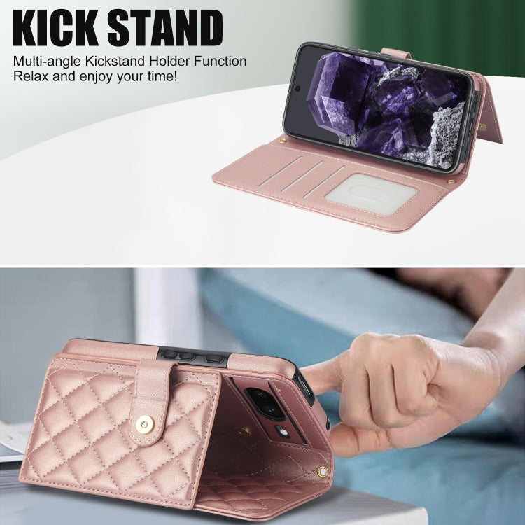 For Google Pixel 8 Crossbody Multifunction Rhombic Leather Phone Case(Rose Gold) - Google Cases by PMC TechLife | Online Shopping South Africa | PMC TechLife | Buy Now Pay Later Mobicred