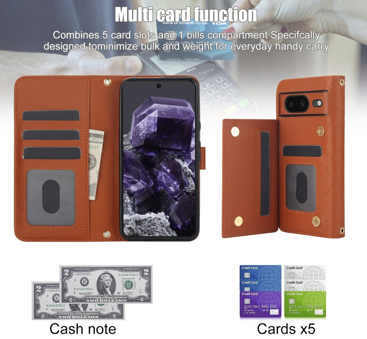For Google Pixel 8 Crossbody Multifunction Rhombic Leather Phone Case(Brown) - Google Cases by PMC TechLife | Online Shopping South Africa | PMC TechLife | Buy Now Pay Later Mobicred