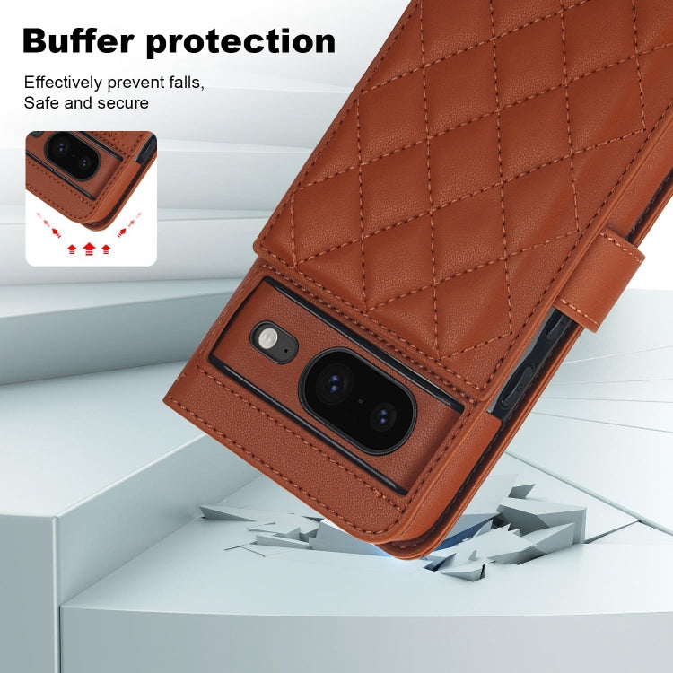 For Google Pixel 8 Crossbody Multifunction Rhombic Leather Phone Case(Brown) - Google Cases by PMC TechLife | Online Shopping South Africa | PMC TechLife | Buy Now Pay Later Mobicred