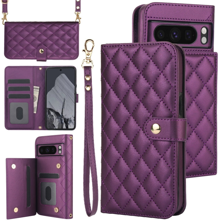 For Google Pixel 8 Pro Crossbody Multifunction Rhombic Leather Phone Case(Dark Purple) - Google Cases by PMC TechLife | Online Shopping South Africa | PMC TechLife | Buy Now Pay Later Mobicred