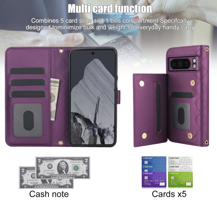 For Google Pixel 8 Pro Crossbody Multifunction Rhombic Leather Phone Case(Dark Purple) - Google Cases by PMC TechLife | Online Shopping South Africa | PMC TechLife | Buy Now Pay Later Mobicred