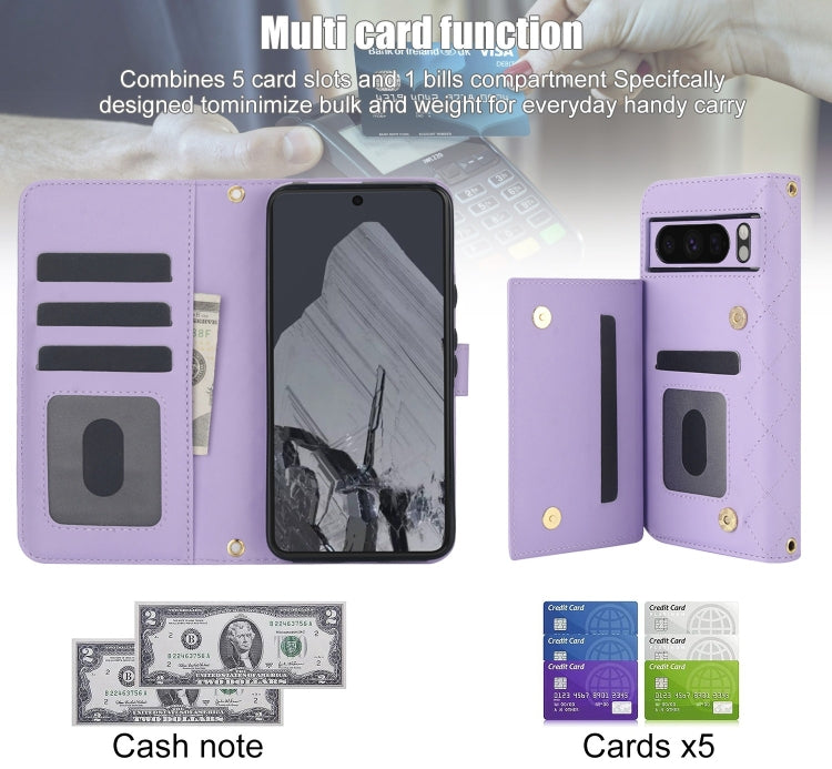 For Google Pixel 8 Pro Crossbody Multifunction Rhombic Leather Phone Case(Purple) - Google Cases by PMC TechLife | Online Shopping South Africa | PMC TechLife | Buy Now Pay Later Mobicred