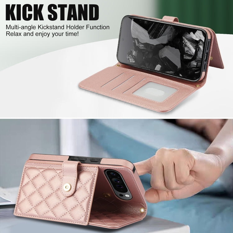 For Google Pixel 9 Crossbody Multifunction Rhombic Leather Phone Case(Rose Gold) - Google Cases by PMC TechLife | Online Shopping South Africa | PMC TechLife | Buy Now Pay Later Mobicred