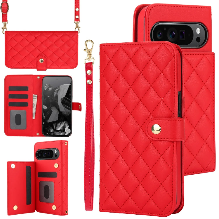 For Google Pixel 9 Pro XL Crossbody Multifunction Rhombic Leather Phone Case(Red) - Google Cases by PMC Jewellery | Online Shopping South Africa | PMC Jewellery | Buy Now Pay Later Mobicred