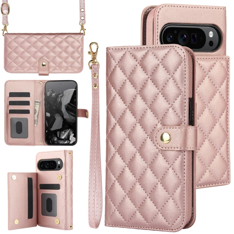 For Google Pixel 9 Pro XL Crossbody Multifunction Rhombic Leather Phone Case(Rose Gold) - Google Cases by PMC Jewellery | Online Shopping South Africa | PMC Jewellery | Buy Now Pay Later Mobicred