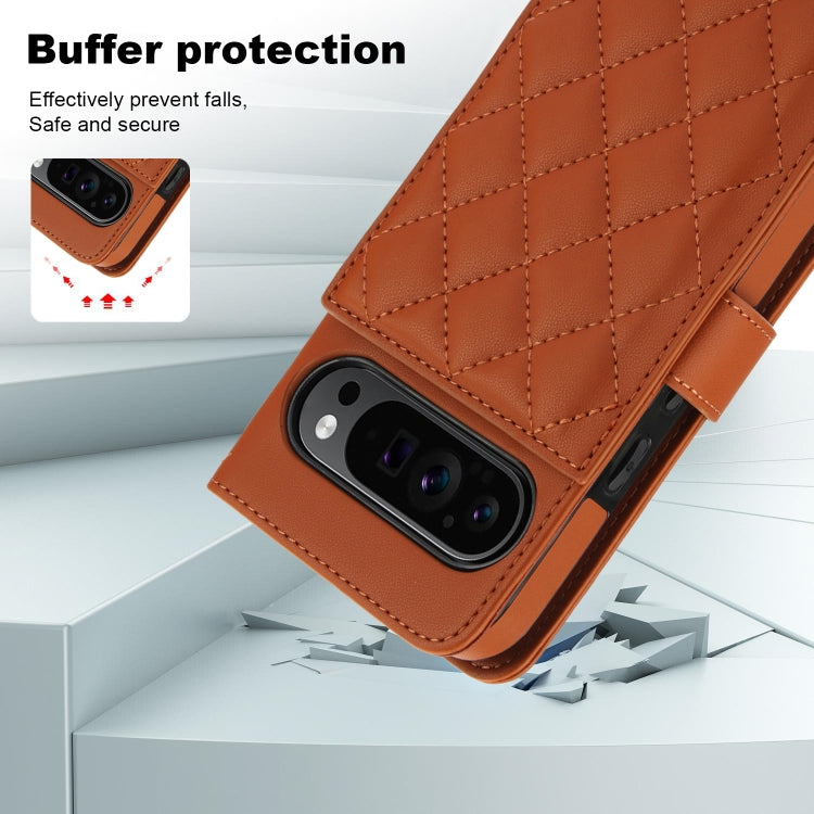 For Google Pixel 9 Pro XL Crossbody Multifunction Rhombic Leather Phone Case(Brown) - Google Cases by PMC TechLife | Online Shopping South Africa | PMC TechLife | Buy Now Pay Later Mobicred