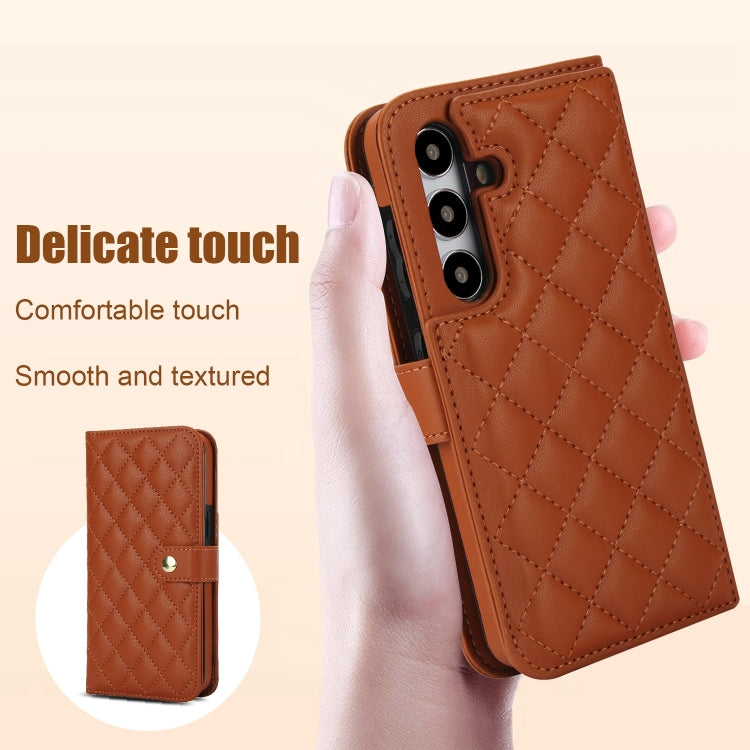 For Samsung Galaxy S24 5G Crossbody Multifunction Rhombic Leather Phone Case(Brown) - Galaxy S24 5G Cases by PMC Jewellery | Online Shopping South Africa | PMC Jewellery | Buy Now Pay Later Mobicred