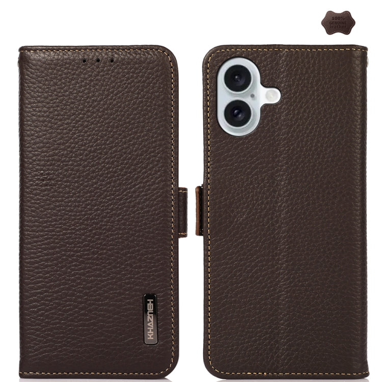 For iPhone 16 Plus KHAZNEH Side-Magnetic Litchi Genuine Leather RFID Case(Brown) - iPhone 16 Plus Cases by PMC Jewellery | Online Shopping South Africa | PMC Jewellery | Buy Now Pay Later Mobicred