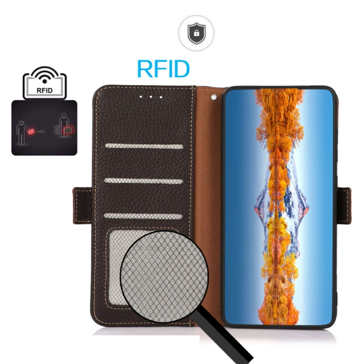 For iPhone 16 Plus KHAZNEH Side-Magnetic Litchi Genuine Leather RFID Case(Brown) - iPhone 16 Plus Cases by PMC TechLife | Online Shopping South Africa | PMC TechLife | Buy Now Pay Later Mobicred