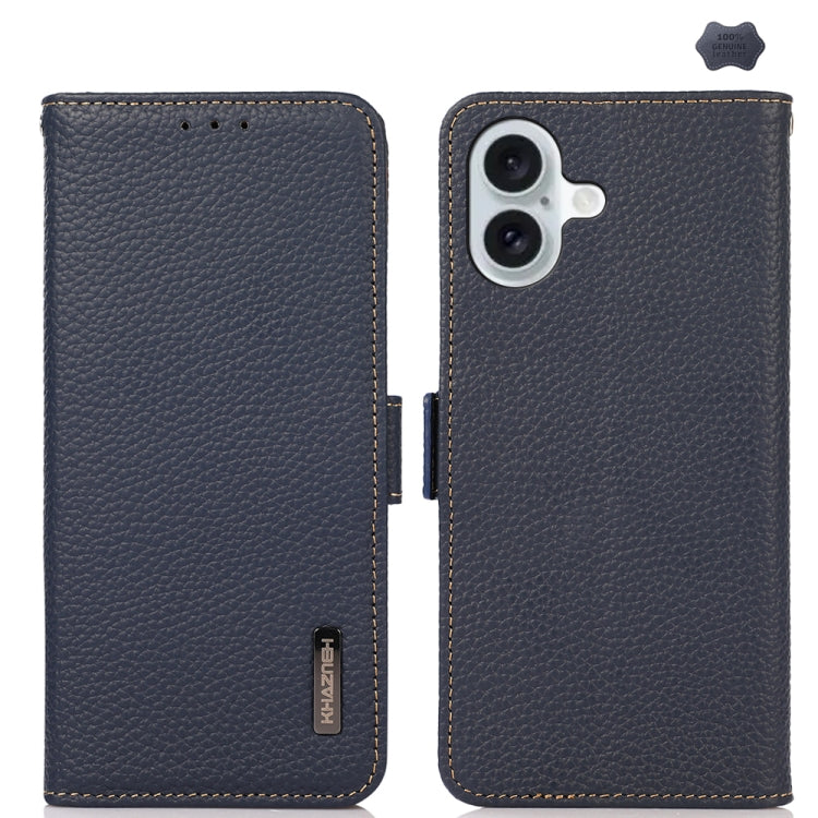 For iPhone 16 KHAZNEH Side-Magnetic Litchi Genuine Leather RFID Case(Blue) - free shipping - PMC TechLife - Order now!