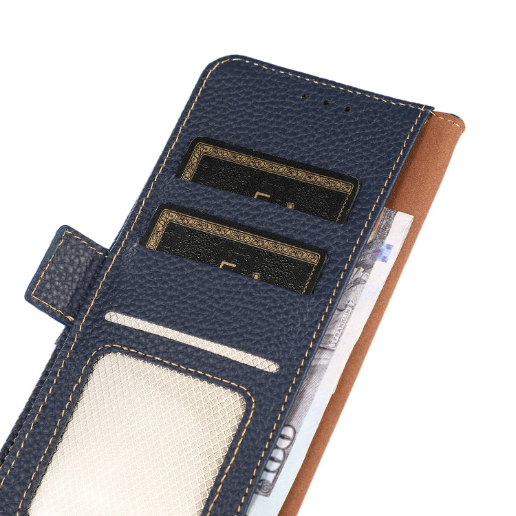 For iPhone 16 KHAZNEH Side-Magnetic Litchi Genuine Leather RFID Case(Blue) - free shipping - PMC TechLife - Order now!