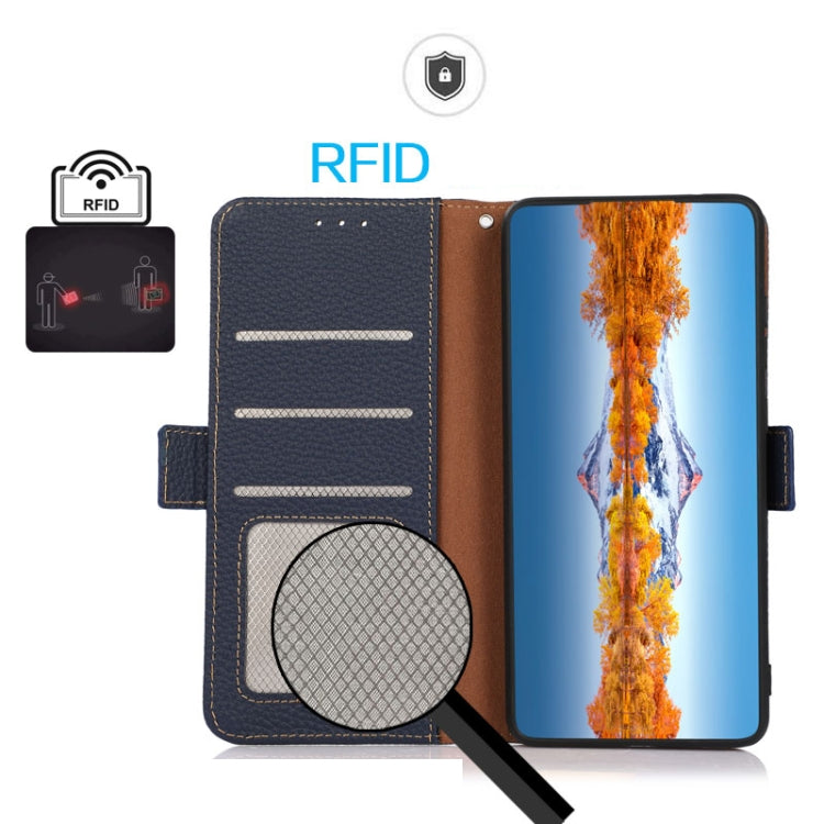For iPhone 16e KHAZNEH Side-Magnetic Litchi Genuine Leather RFID Case(Blue) - iPhone 16e Cases by PMC TechLife | Online Shopping South Africa | PMC TechLife | Buy Now Pay Later Mobicred