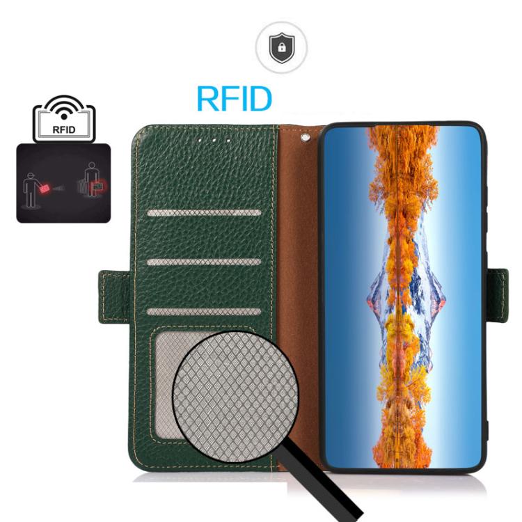 For iPhone 17 Pro KHAZNEH Side-Magnetic Litchi Genuine Leather RFID Case(Green) - free shipping - PMc TechLife - Order now!