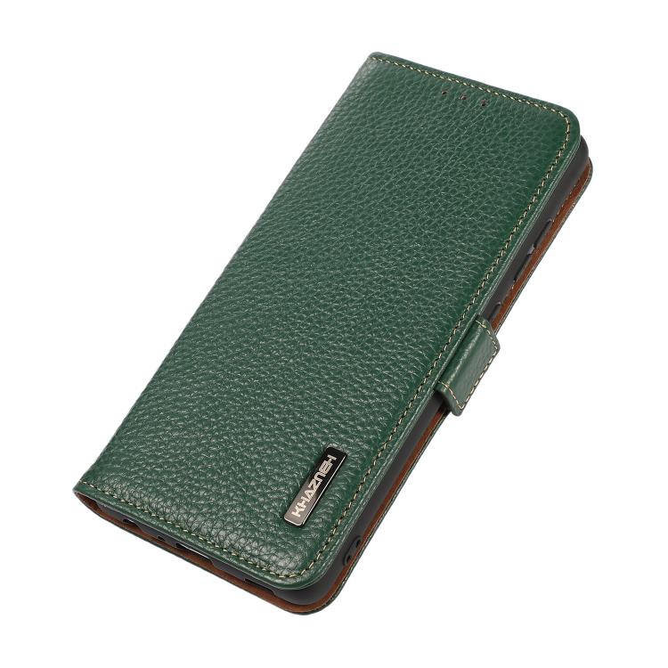 For iPhone 17 Pro KHAZNEH Side-Magnetic Litchi Genuine Leather RFID Case(Green) - free shipping - PMc TechLife - Order now!