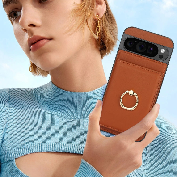 For Google Pixel 9 RFID Anti-theft Card Ring Holder Phone Case(Brown) - Google Cases by PMC TechLife | Online Shopping South Africa | PMC TechLife | Buy Now Pay Later Mobicred