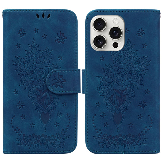 For iPhone 16 Pro Max Butterfly Rose Embossed Leather Phone Case(Blue) - iPhone 16 Pro Max Cases by PMC Jewellery | Online Shopping South Africa | PMC Jewellery | Buy Now Pay Later Mobicred