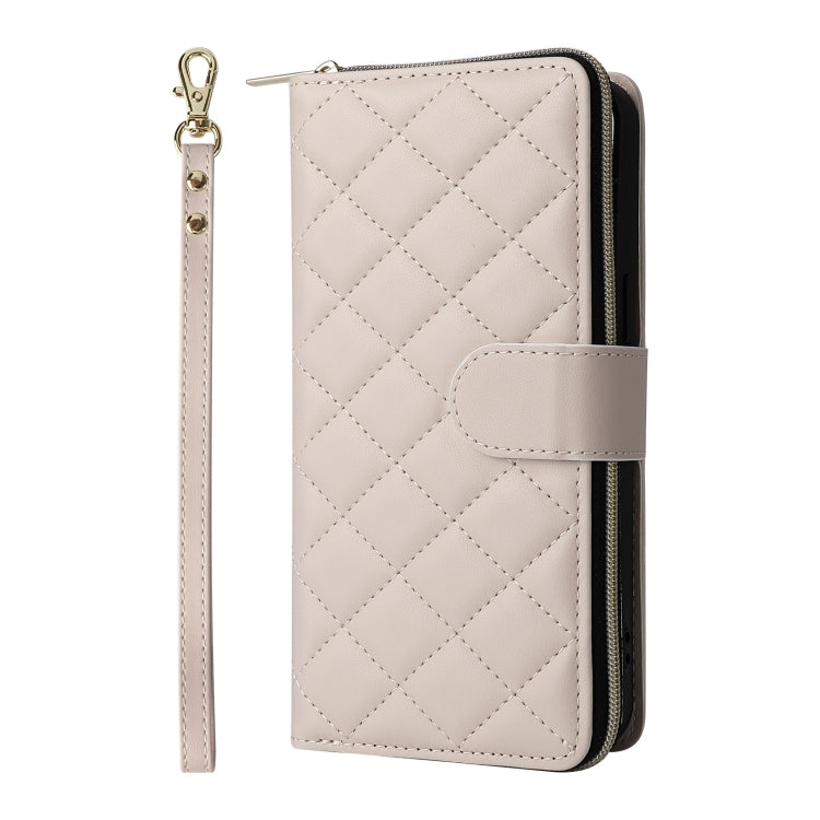 For iPhone 16 Pro Crossbody Rhombic Zipper Tower Buckle Leather Phone Case with Lanyard(Beige) - iPhone 16 Pro Cases by PMC Jewellery | Online Shopping South Africa | PMC Jewellery | Buy Now Pay Later Mobicred