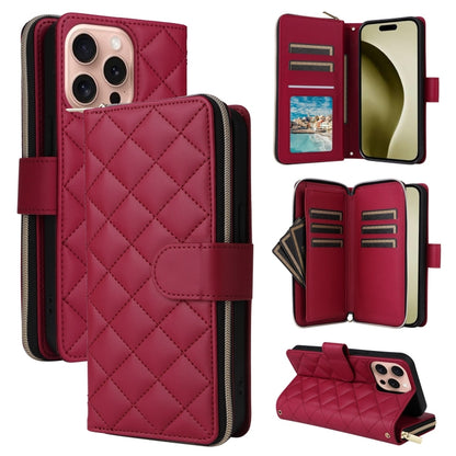 For iPhone 16 Pro Crossbody Rhombic Zipper Tower Buckle Leather Phone Case with Lanyard(Wine Red) - iPhone 16 Pro Cases by PMC Jewellery | Online Shopping South Africa | PMC Jewellery | Buy Now Pay Later Mobicred