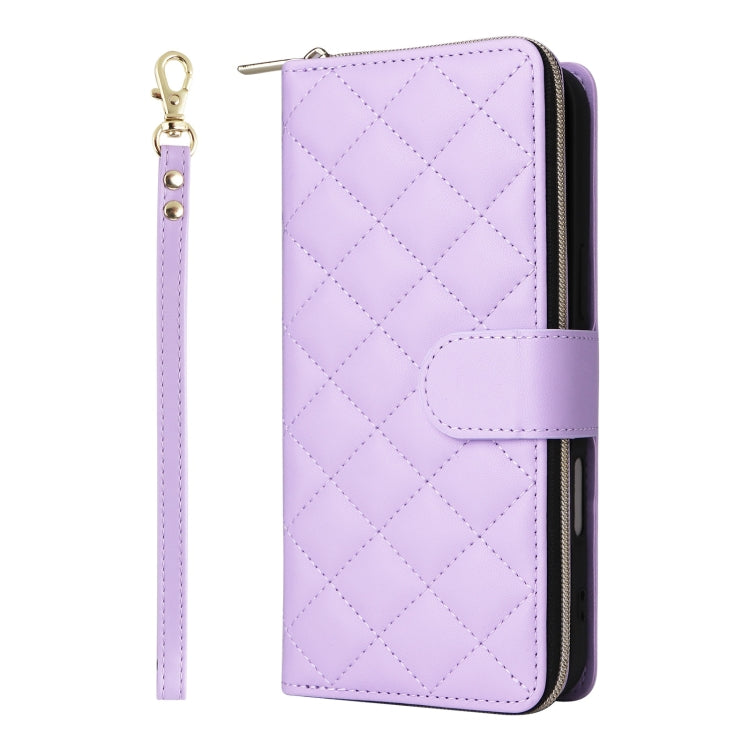 For iPhone 16 Plus Crossbody Rhombic Zipper Tower Buckle Leather Phone Case with Lanyard(Purple) - iPhone 16 Plus Cases by PMC Jewellery | Online Shopping South Africa | PMC Jewellery | Buy Now Pay Later Mobicred