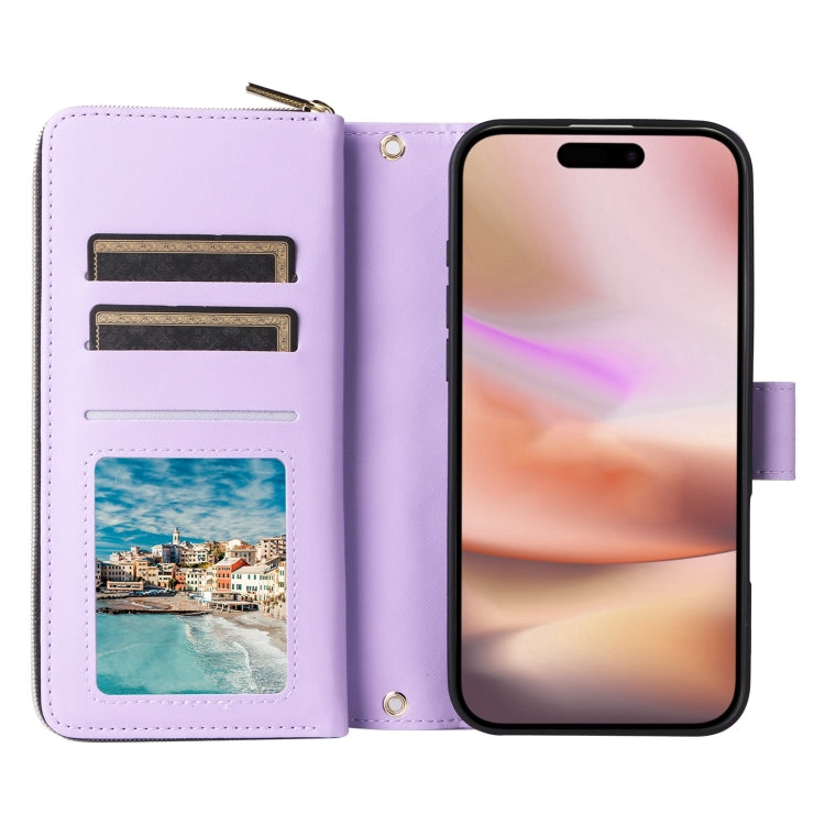 For iPhone 16 Plus Crossbody Rhombic Zipper Tower Buckle Leather Phone Case with Lanyard(Purple) - iPhone 16 Plus Cases by PMC Jewellery | Online Shopping South Africa | PMC Jewellery | Buy Now Pay Later Mobicred