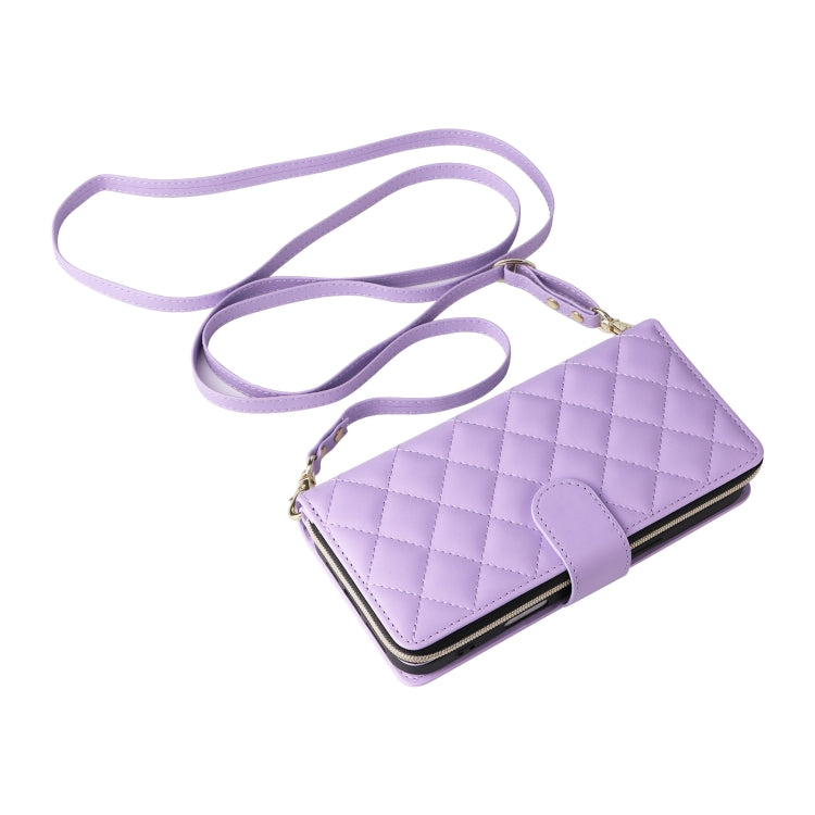 For iPhone 16 Plus Crossbody Rhombic Zipper Tower Buckle Leather Phone Case with Lanyard(Purple) - iPhone 16 Plus Cases by PMC Jewellery | Online Shopping South Africa | PMC Jewellery | Buy Now Pay Later Mobicred