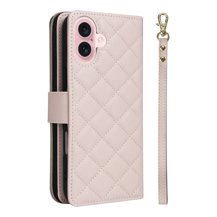 For iPhone 16 Crossbody Rhombic Zipper Tower Buckle Leather Phone Case with Lanyard(Beige) - iPhone 16 Cases by PMC Jewellery | Online Shopping South Africa | PMC Jewellery | Buy Now Pay Later Mobicred