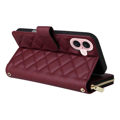 For iPhone 16 Crossbody Rhombic Zipper Tower Buckle Leather Phone Case with Lanyard(Wine Red) - iPhone 16 Cases by PMC Jewellery | Online Shopping South Africa | PMC Jewellery | Buy Now Pay Later Mobicred