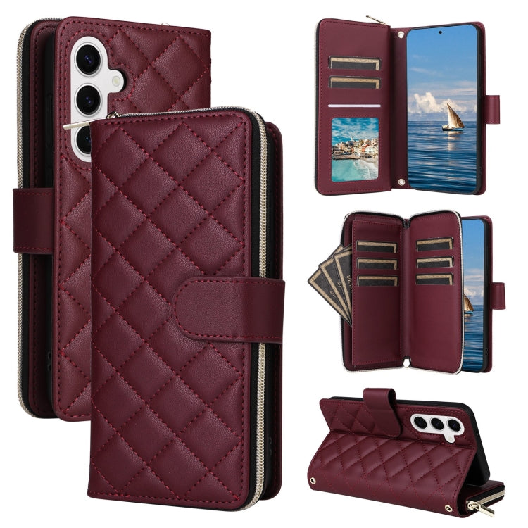 For Samsung Galaxy S25 5G Crossbody Rhombic Zipper Tower Buckle Leather Phone Case with Lanyard(Wine Red) - Galaxy S25 5G Cases by PMC Jewellery | Online Shopping South Africa | PMC Jewellery | Buy Now Pay Later Mobicred