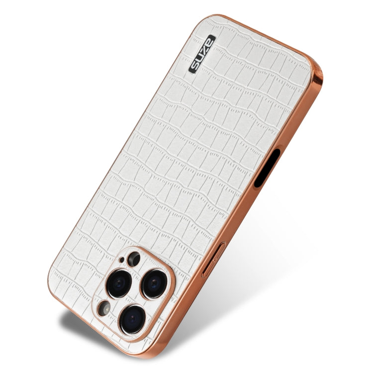 For iPhone 16 Pro Max AZNS Electroplated Frame Crocodile Texture Full Coverage Phone Case(White) - free shipping - PMC Jewellery - Order now!