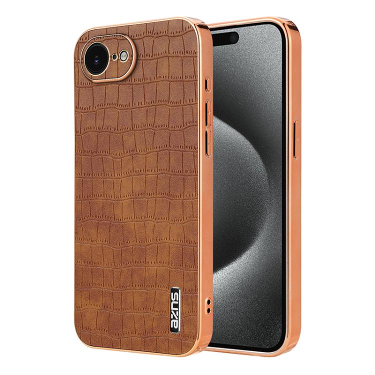 For iPhone 16e AZNS Electroplated Frame Crocodile Texture Full Coverage Phone Case(Brown) - free shipping - PMc TechLife - Order now!