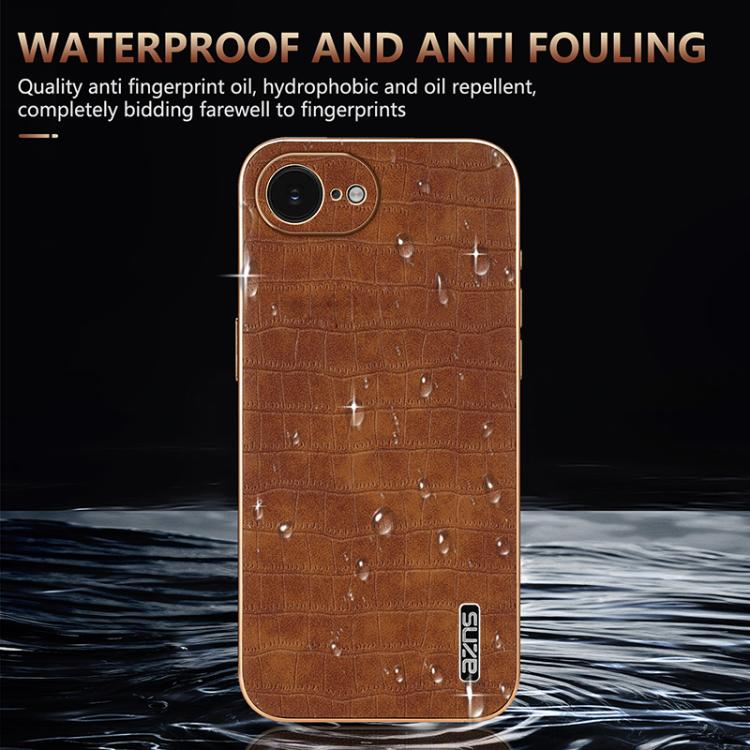For iPhone 16e AZNS Electroplated Frame Crocodile Texture Full Coverage Phone Case(Brown) - free shipping - PMc TechLife - Order now!