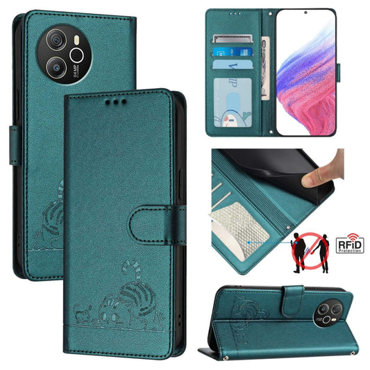 For Blackview Shark 8 Cat Rat Embossed Pattern RFID Leather Phone Case with Lanyard(Peacock Green) - More Brand by PMC Jewellery | Online Shopping South Africa | PMC Jewellery | Buy Now Pay Later Mobicred