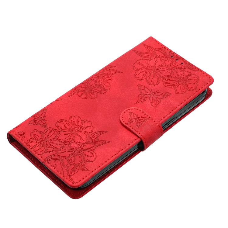 For iPhone 16 Plus Cherry Blossom Butterfly Skin Feel Embossed PU Phone Case(Red) - free shipping - PMC TechLife - Order now!