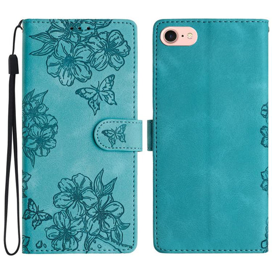 For iPhone 16e Cherry Blossom Butterfly Skin Feel Embossed PU Phone Case(Green) - iPhone 16e Cases by PMC Jewellery | Online Shopping South Africa | PMC Jewellery | Buy Now Pay Later Mobicred